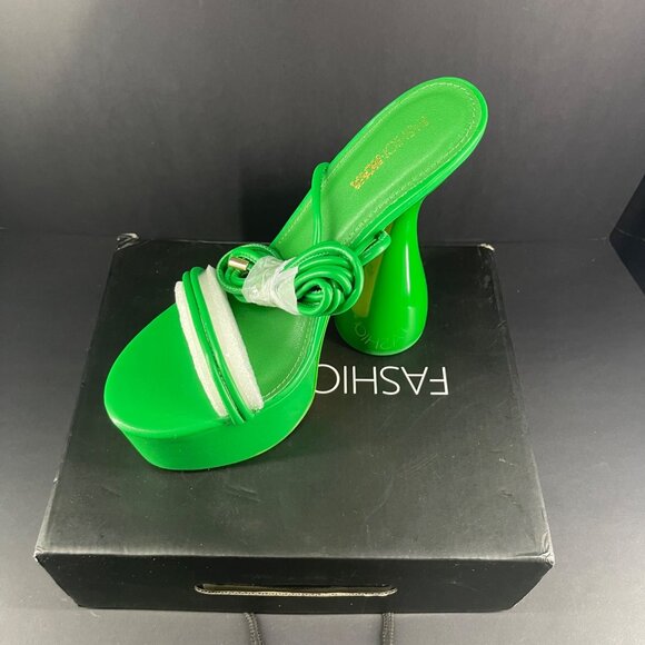 Fashion Nova Green Platform Heels With Strappy Design & Unique Flared Heel - Picture 5 of 10